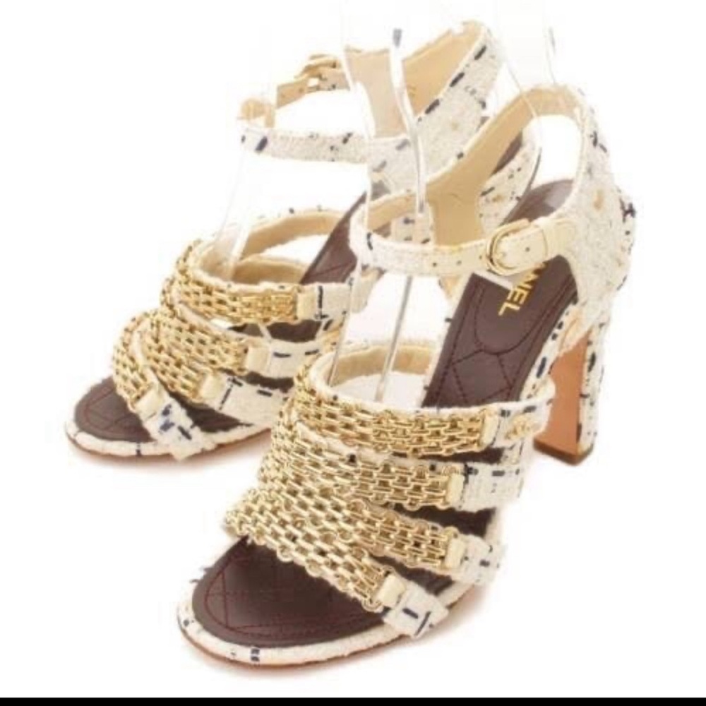 Chanel size 42 Tweed Heels Gold Chain with Chanel Box